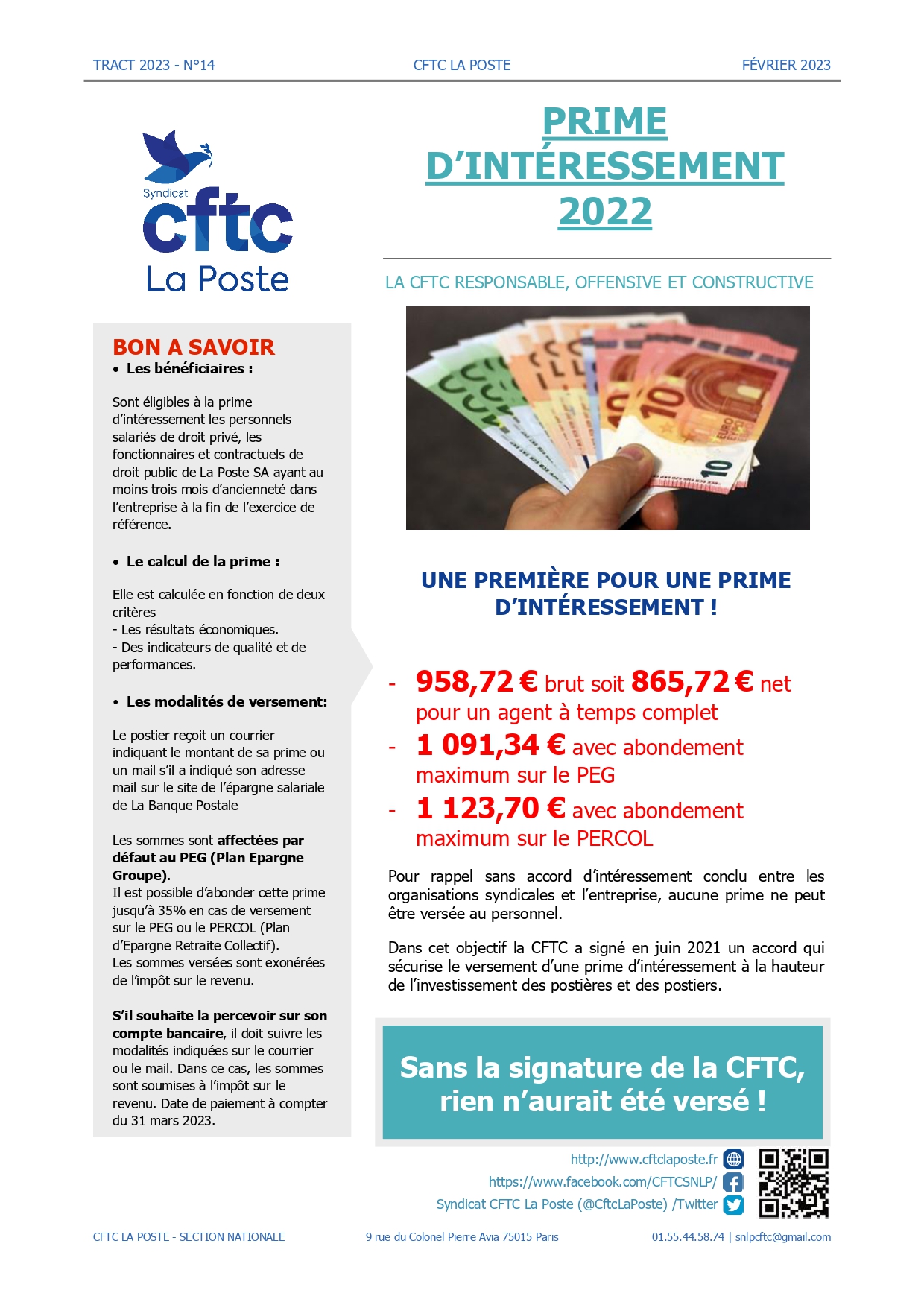 PRIME D’INTÉRESSEMENT 2022 CFTC LA POSTE